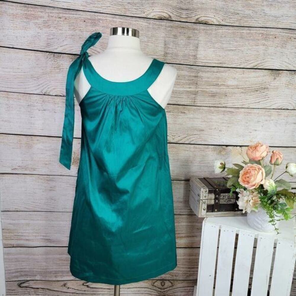 Theory Silk Mini Dress Sleeveless One Shoulder Tie Kelly Green 2‎ - Picture 4 of 7